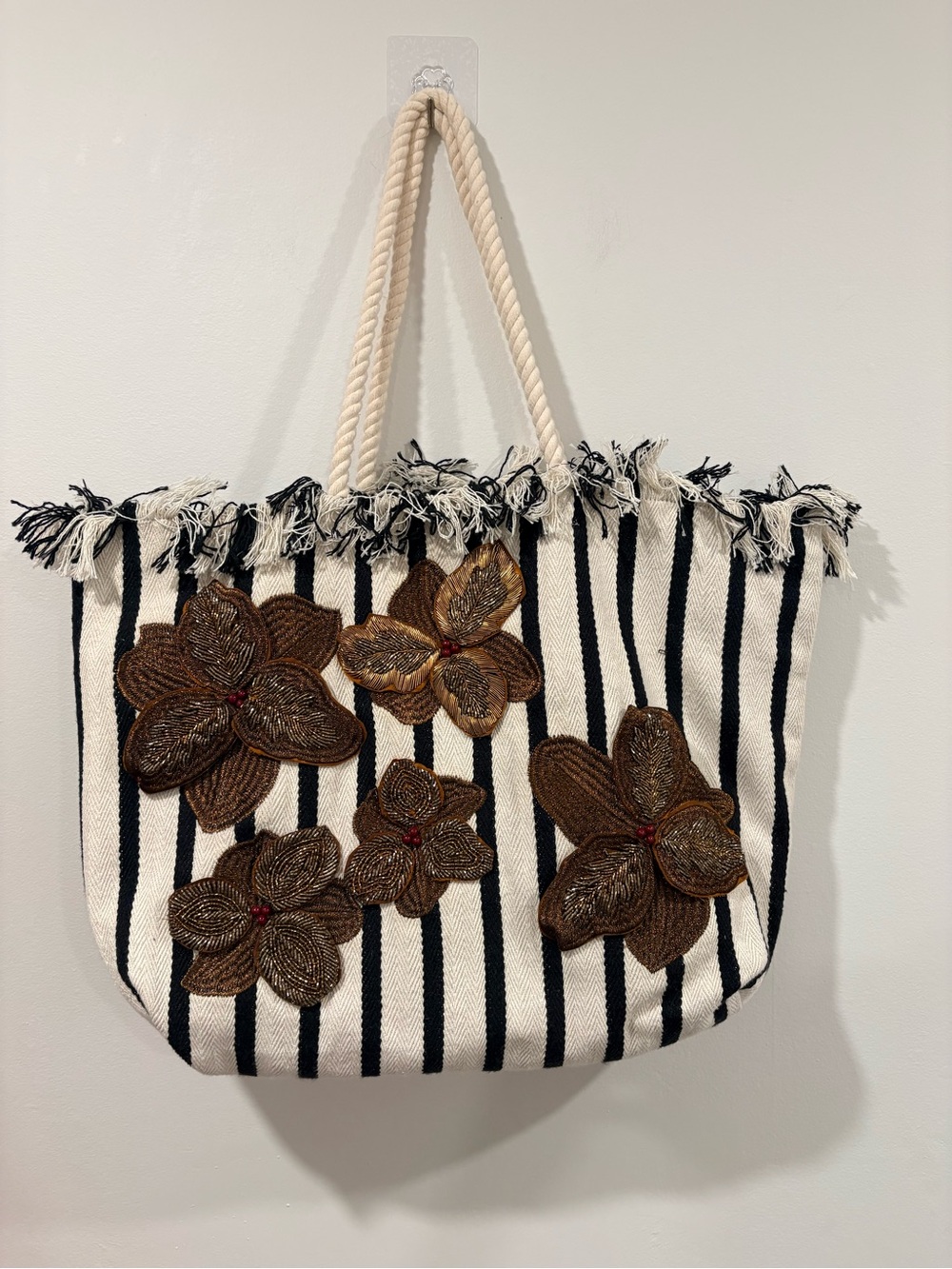 Zara Striped Beaded Floral Rope Handle Beach Tote Bag